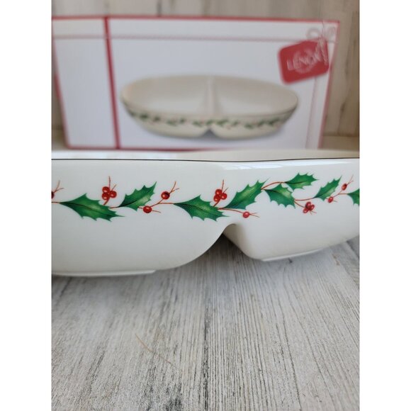 Lenox NEW white winter greetings divided oval bowl mistletoe Xmas kitchen - Picture 7 of 9